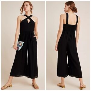 Anthropologie Black Crisscross Halter Wide-Leg Jumpsuit